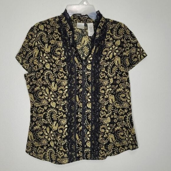 Dark victorian paisley print lace enchanting charming cap sleeve blouse size 10 - Picture 1 of 6